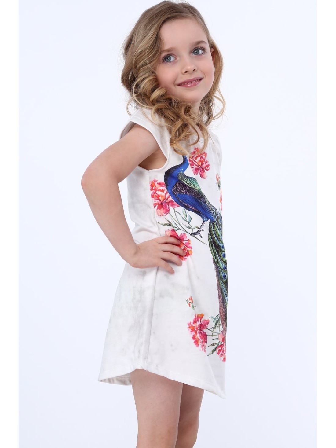 Cream dress with a peacock NDZ8128 - Online store - Boutique